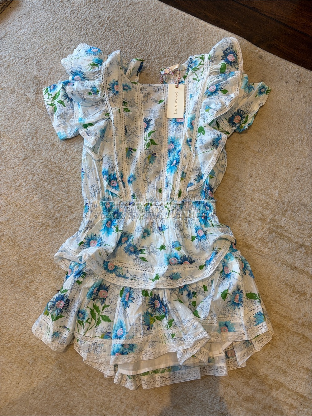 LoveShackFancy White Mini Dress with Blue Floral Print and Green Leaf Accents